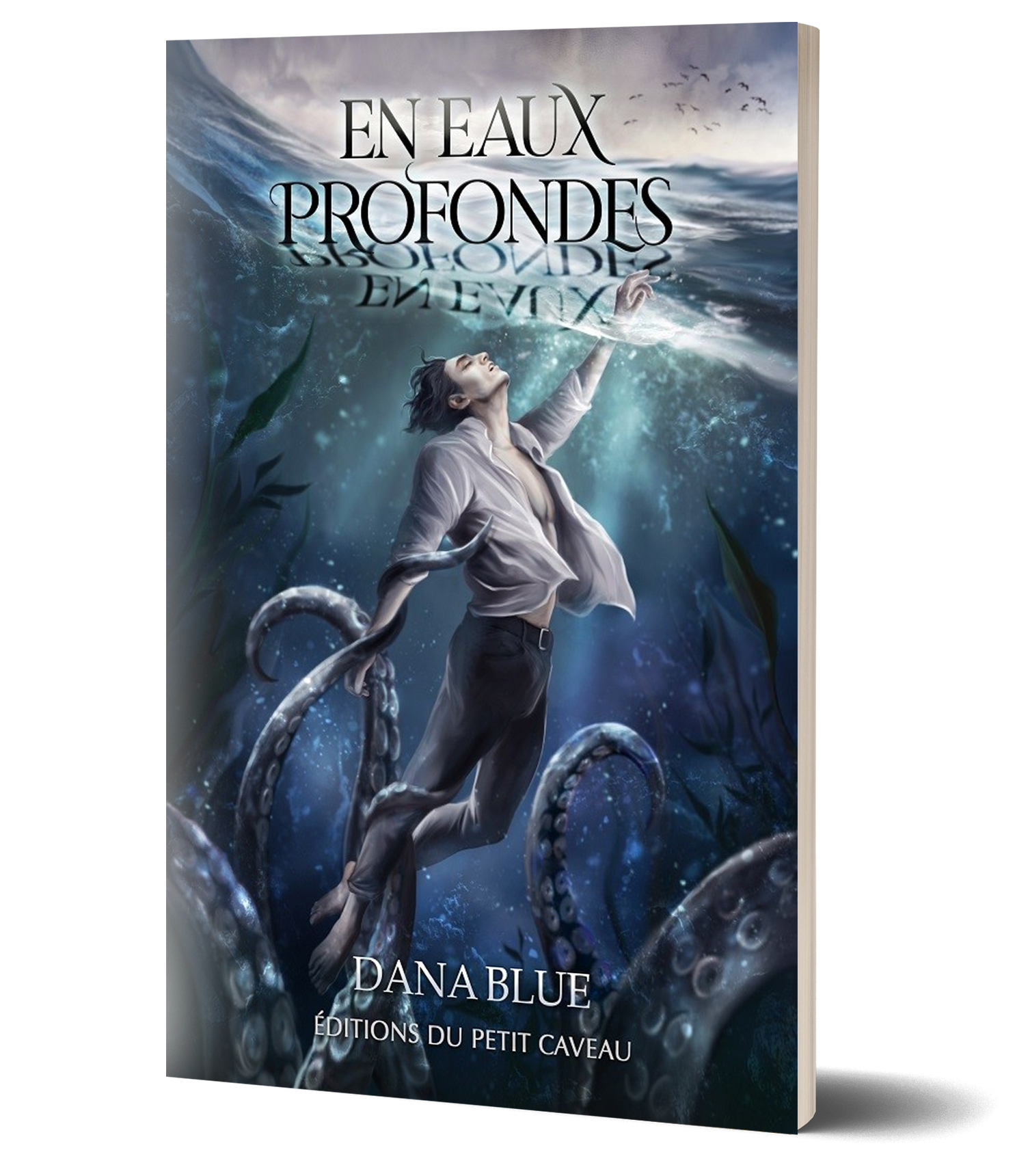 Couverture du roman "En eaux profondes" présentant un homme sous l'eau capturé par des tentacules.